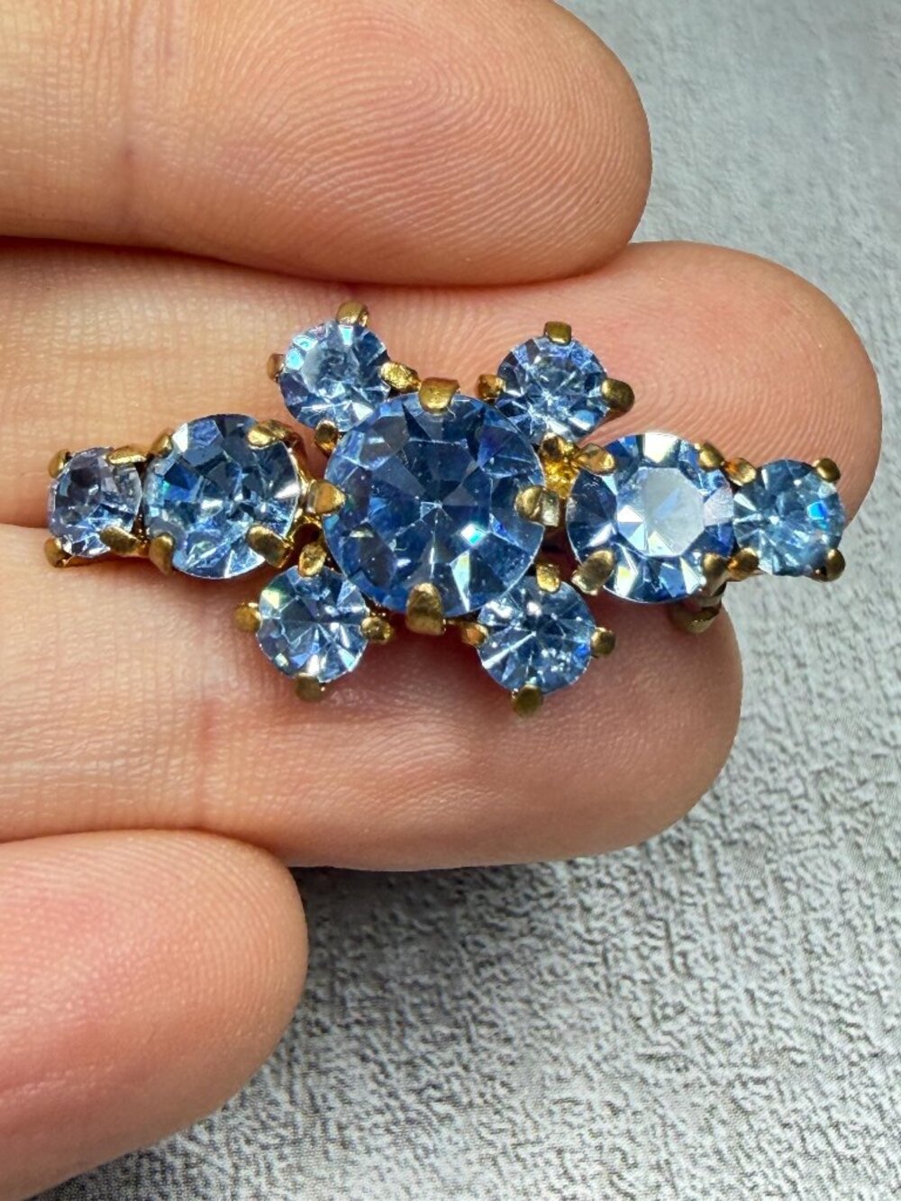 Vintage Made in Germany Blue Rhinestone Brooch Prong Set Glass Pin 2.25 inches